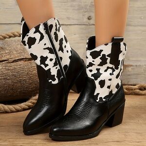 NEW Black faux leather pointy cowgirl short boots black and white cowprint